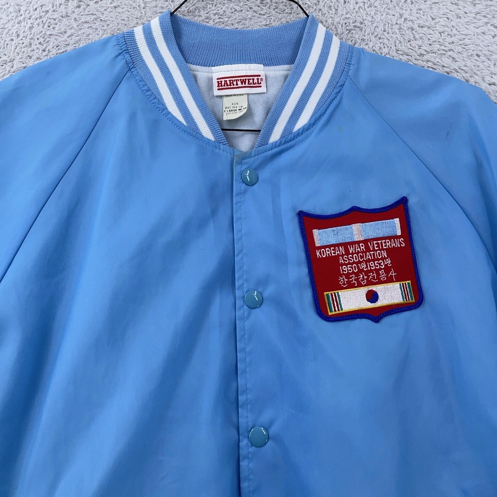 Vtg Korean‎ War Veterans Satin Bomber Jacket Mens XL Light Blue Embroidered Army